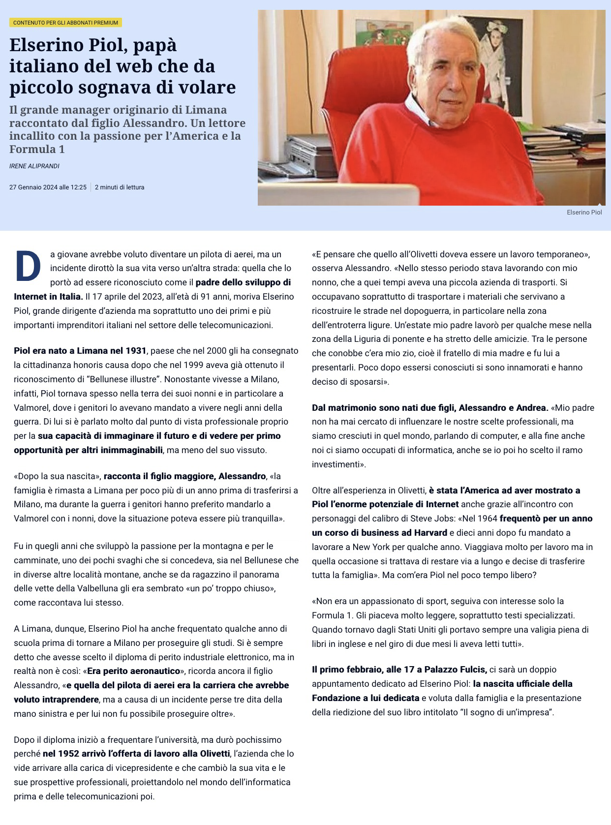 Articolo di: CORRIERE DELLE ALPI 27 gennaio 2024
