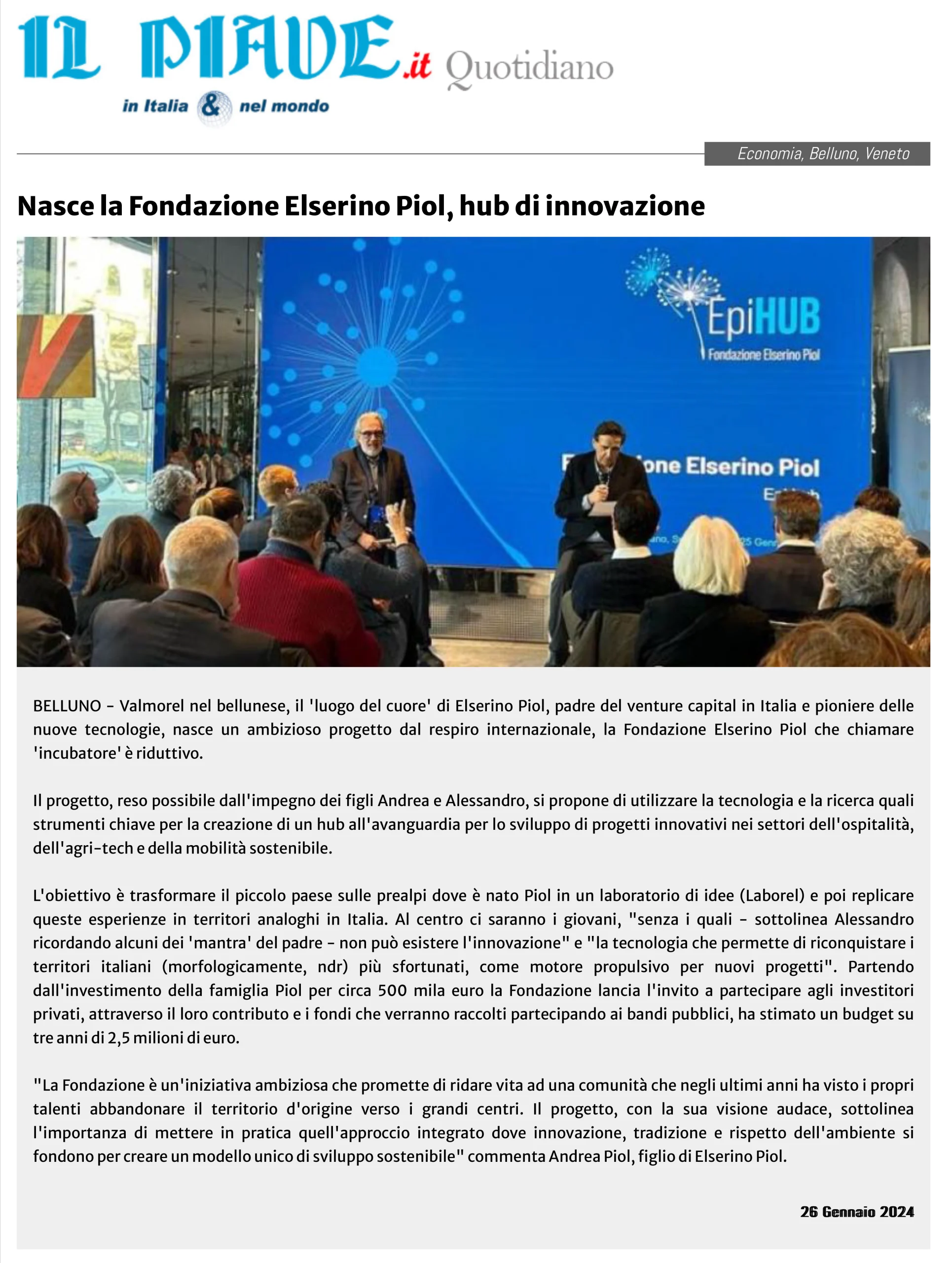 Articolo di: IL PIAVE 26 gennaio 2024