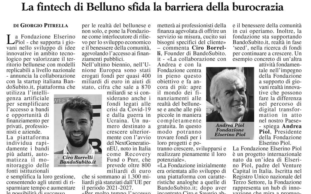 Fondazione Piol e la startup Bandosubito.it a supporto delle PMI per l’accesso ai fondi europei